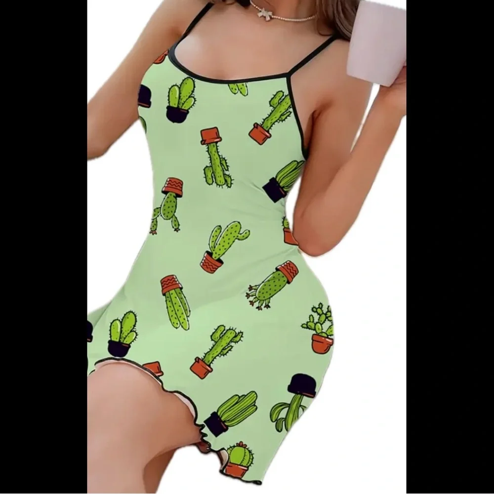 Green, Cute Cactus, Night Slip